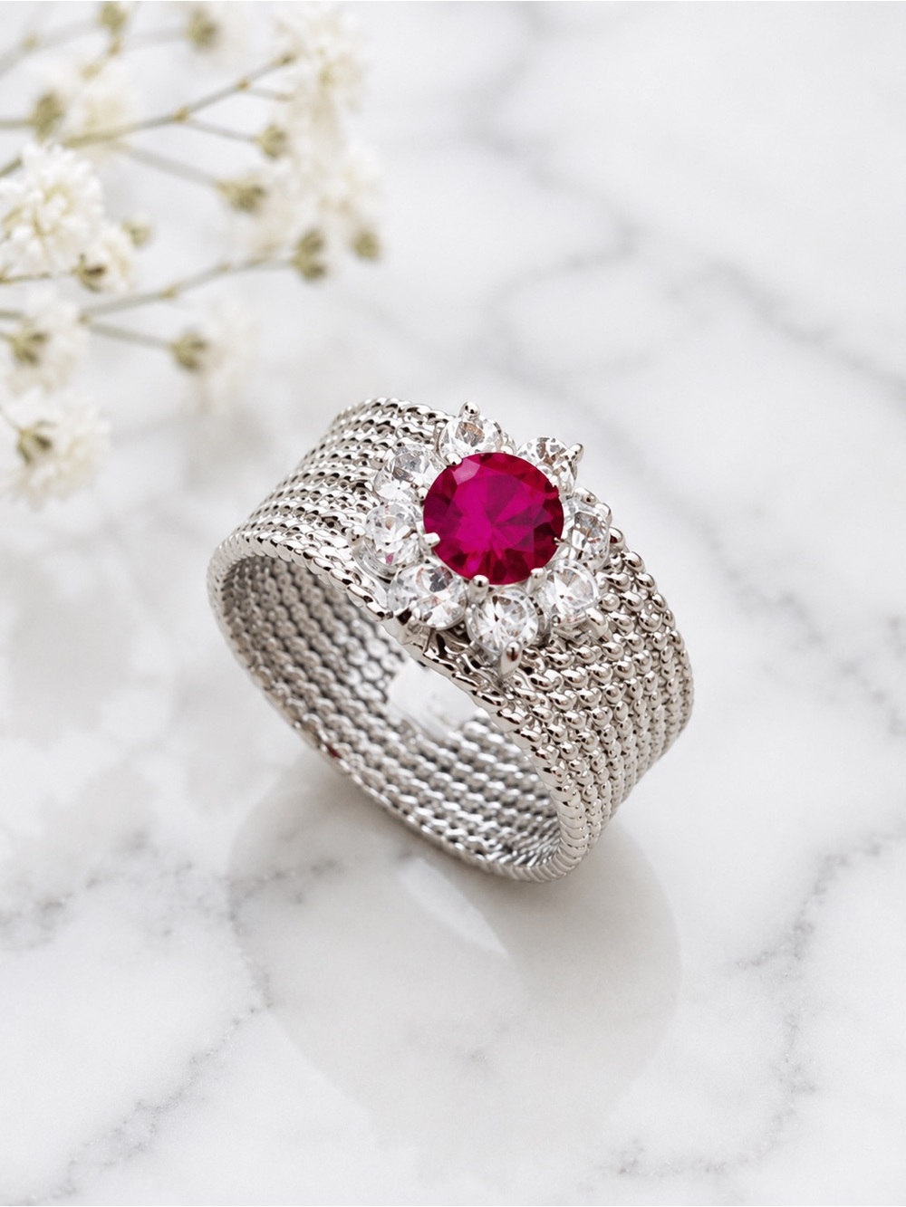 Red Swarovski Crystal Statement Ring Silver Tone Size 6-7
